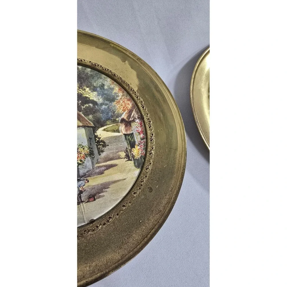 2 Vtg foil art brass wall plates England cottagecore countryside old world